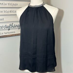 ELLA Rafaella Rhinestone Blouse Sleeveless Mock Neck Black Dressy Formal Elegant